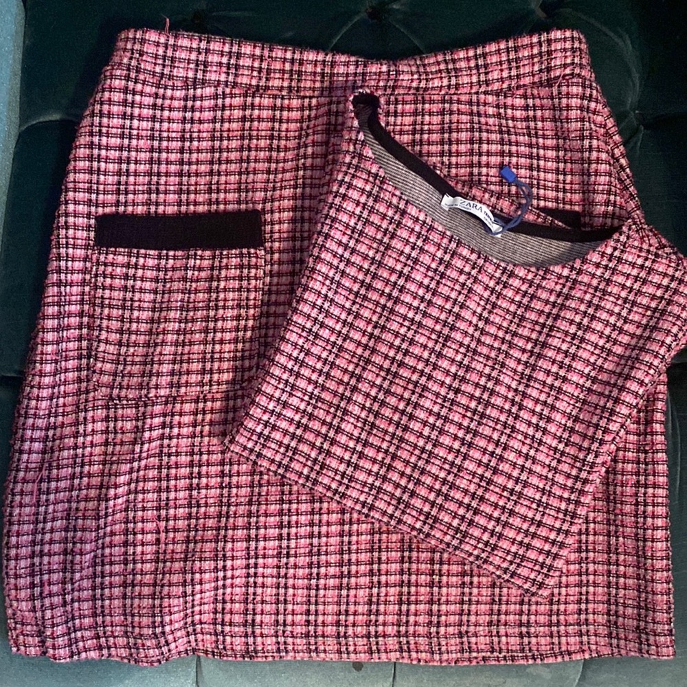 ZARA  High Waist Plaid Tweed Skirt and Shit Set